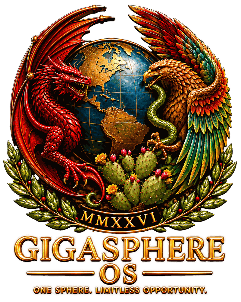 GigaSphere OS emblem with dragon, eagle, globe, and GigaSphere OS wordmark